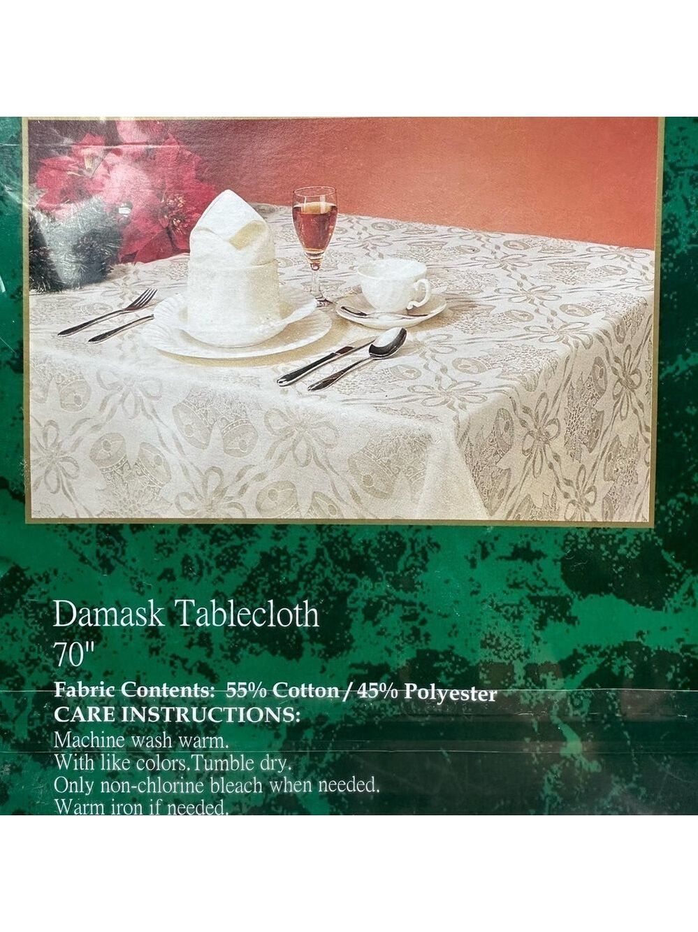 NIP Vintage Damask 70” Round Tablecloth Christmas Bells